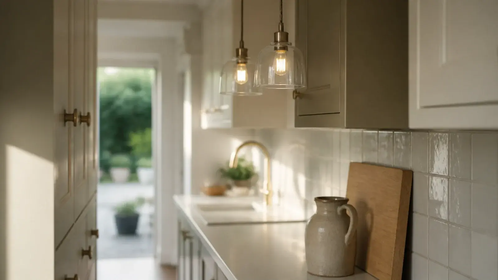 small clear hanging pendant lights above a compact galley kitchen counter