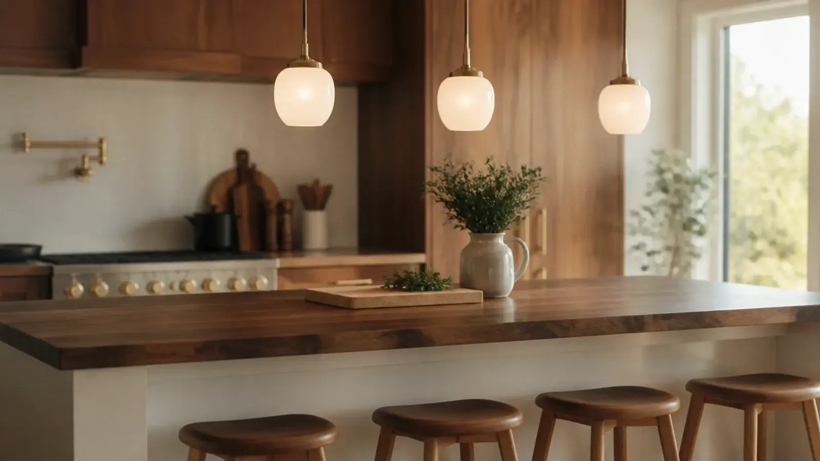 three small pendants evenly spaced along a long island counter