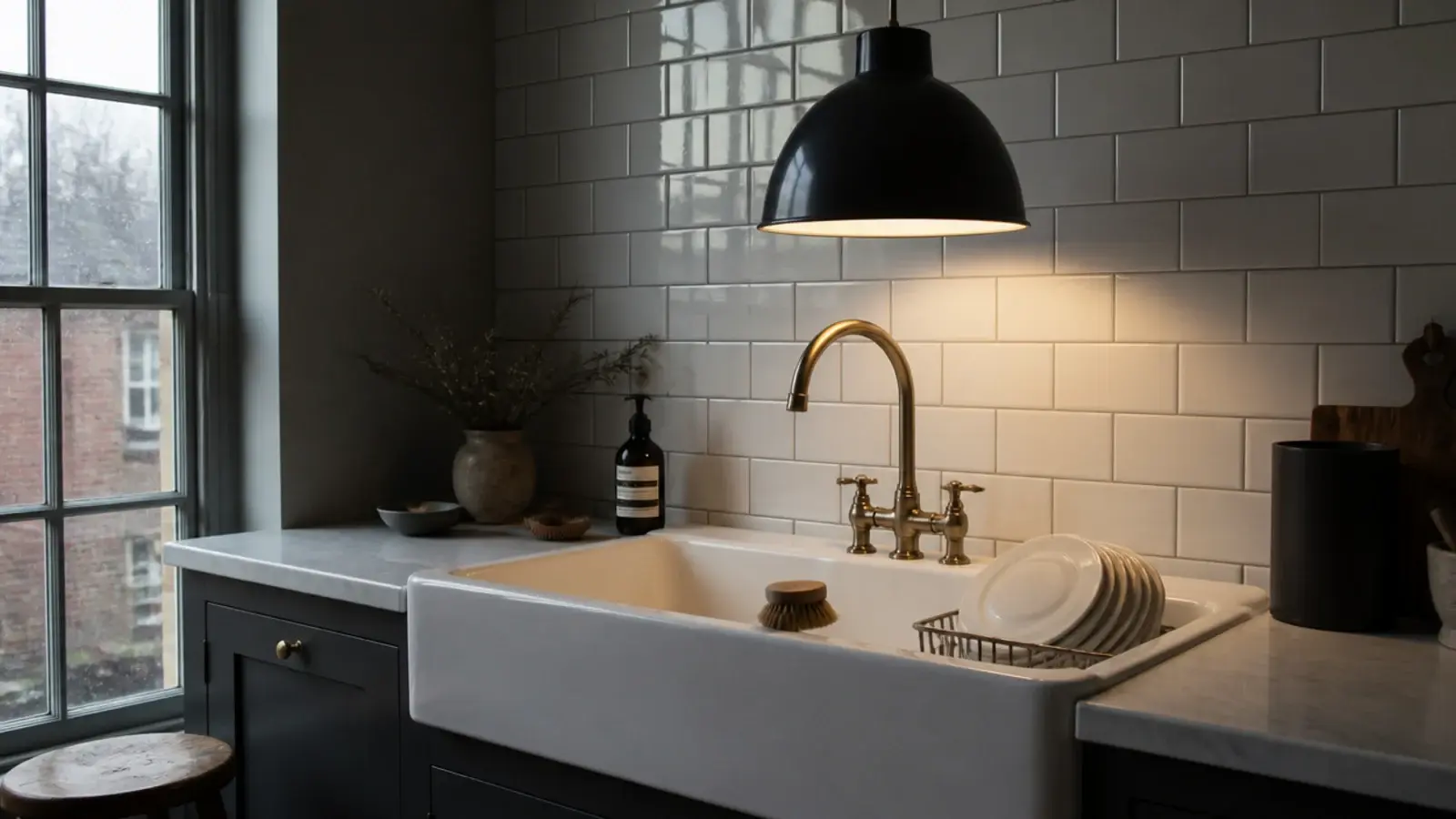 one deep dome pendant lighting a large fireclay kitchen sink