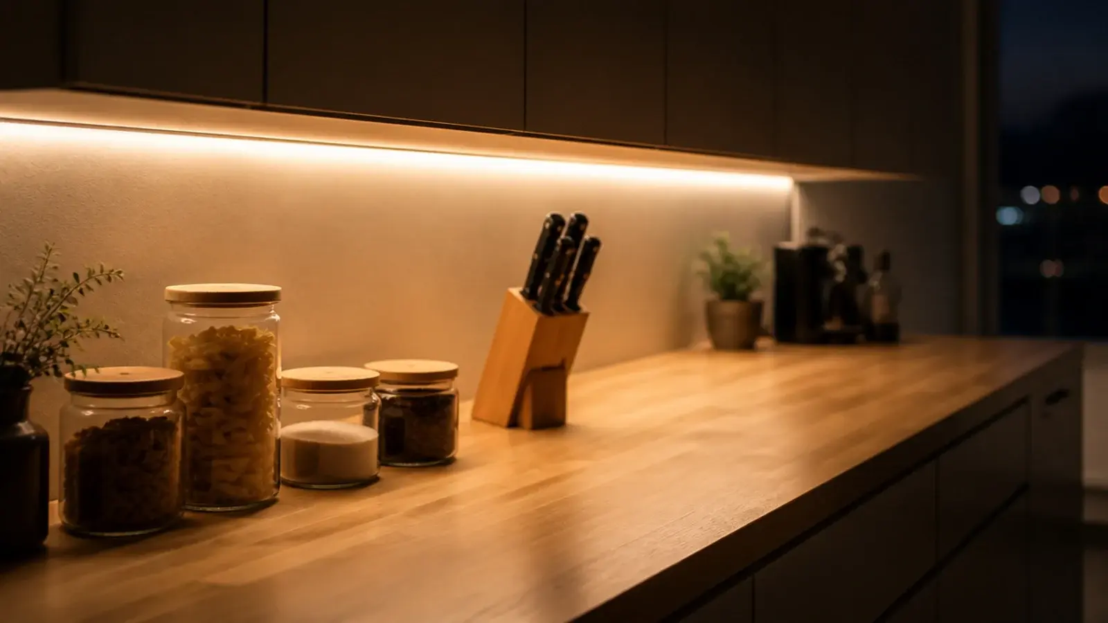 warm strip light under wall cabinets lighting a whole counter