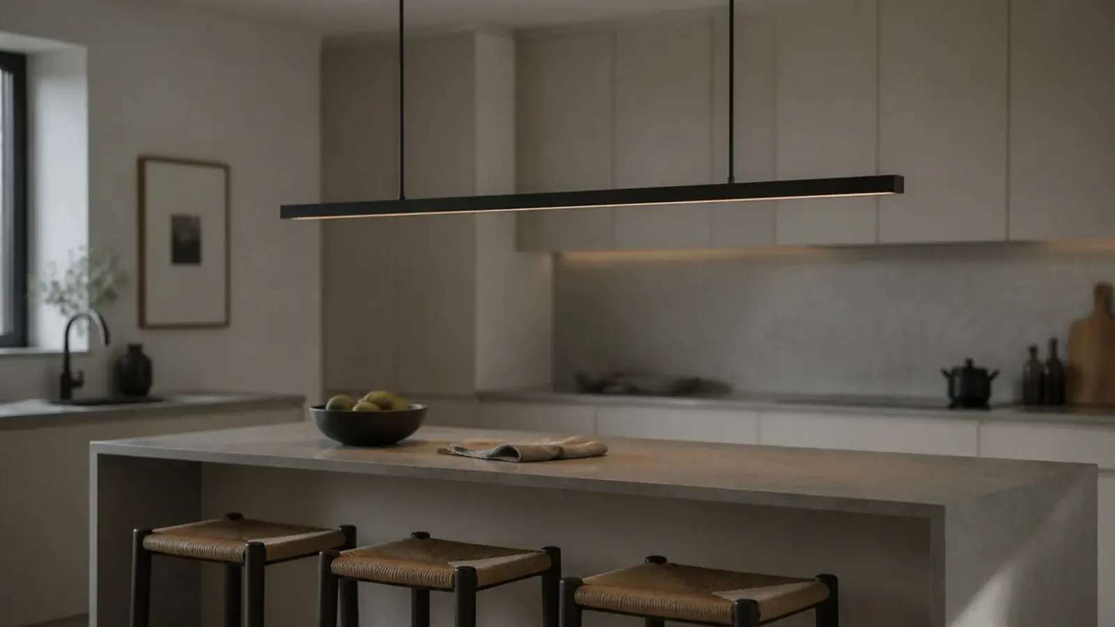 slim linear fixture running the length of a kitchen peninsula