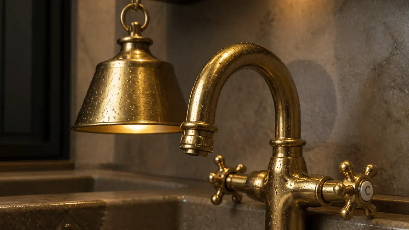 brass pendant collar echoing the brass tap below it