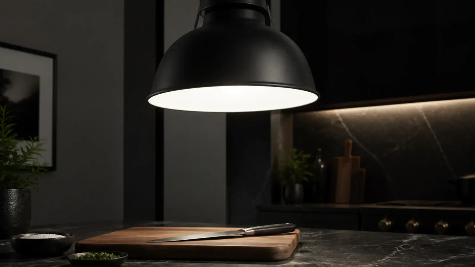 shade interior lit bright white above a dark kitchen counter