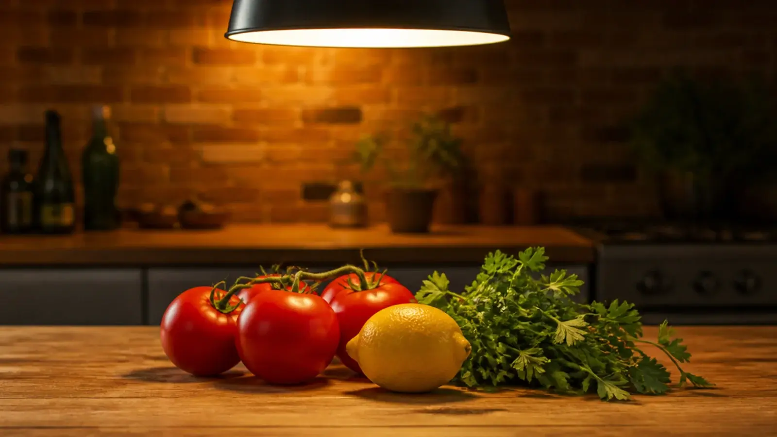 ripe vegetables lit accurately on a timber kitchen counter