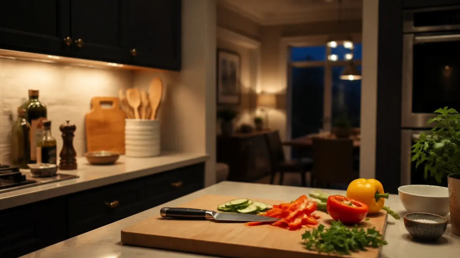 bright even pool of light across a working kitchen counter