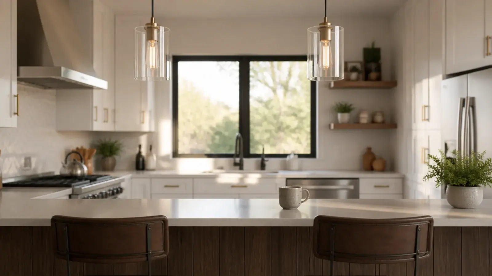 clear glass shades keeping a breakfast bar sightline open