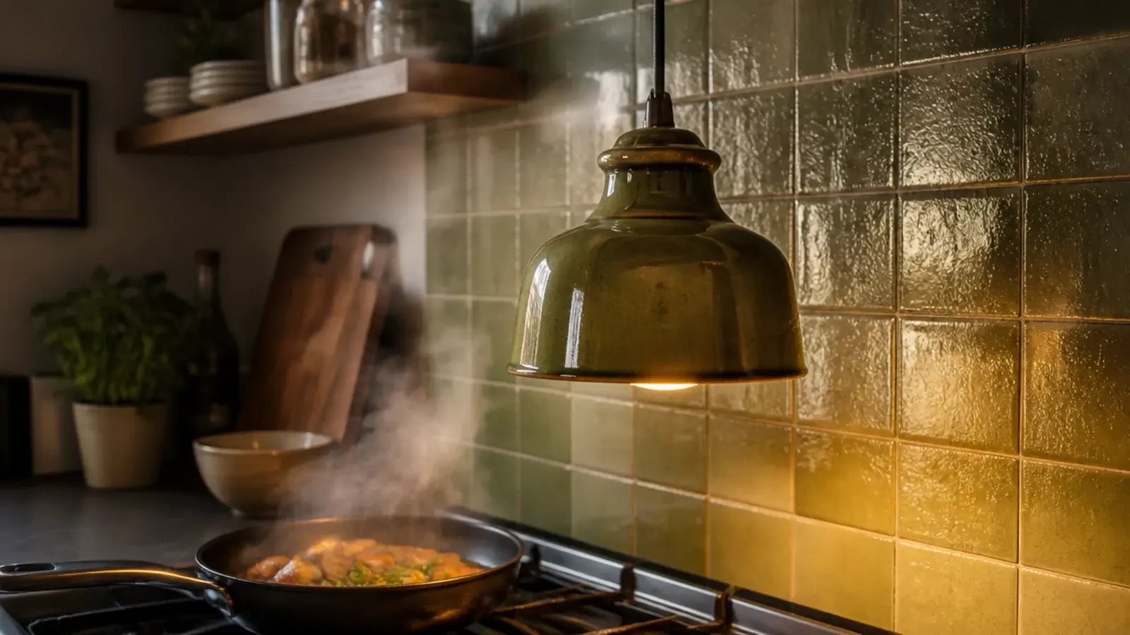 glazed ceramic shade hanging within reach of a cooking hob