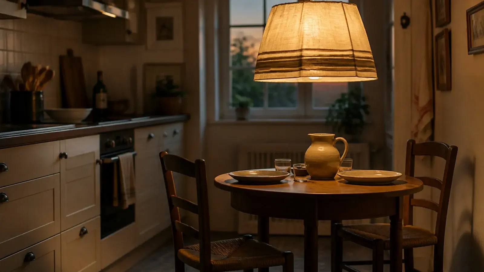 shade hung low above a small kitchen table beside cabinets