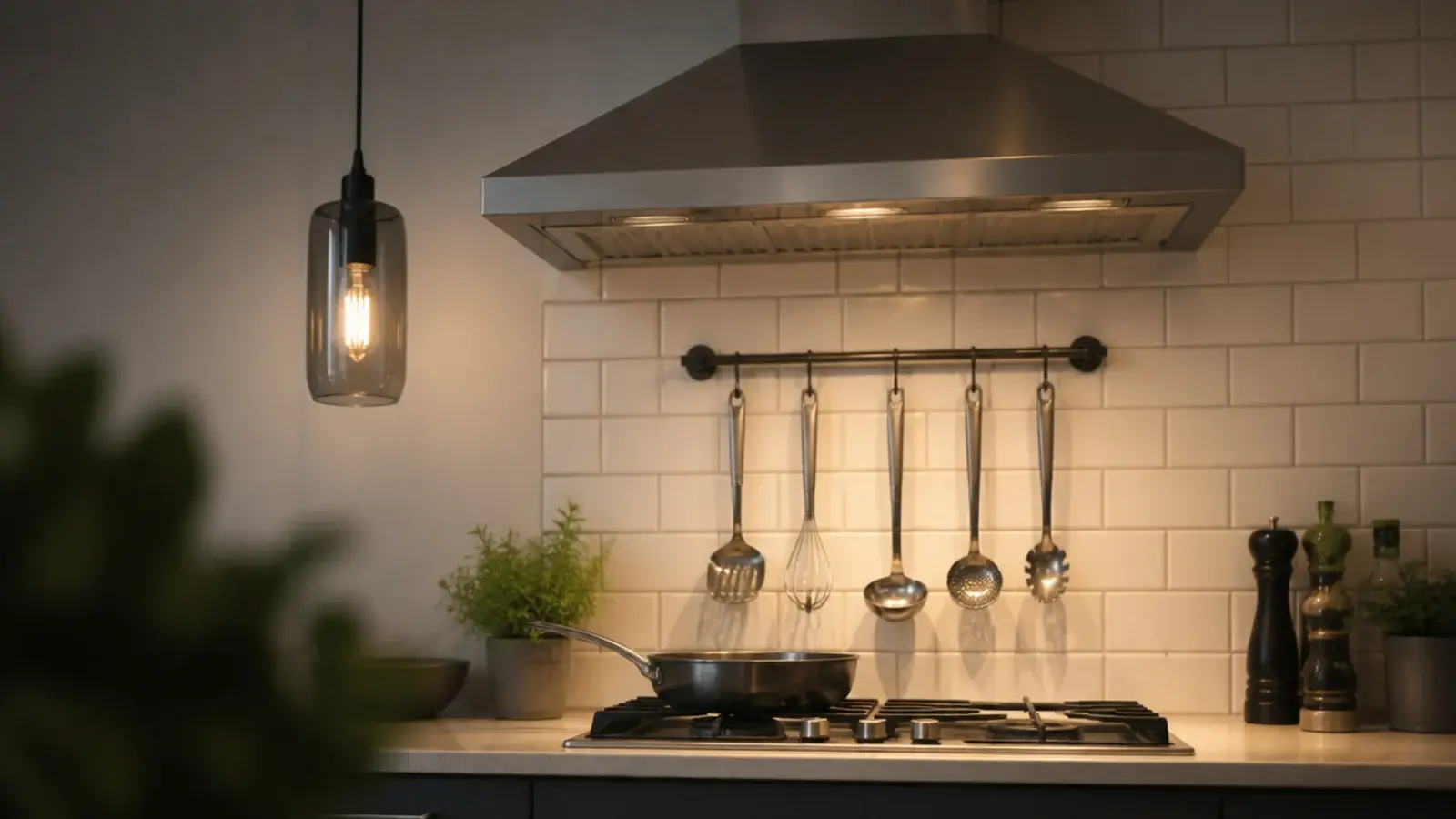 pendant hung well clear of a stainless kitchen extraction hood