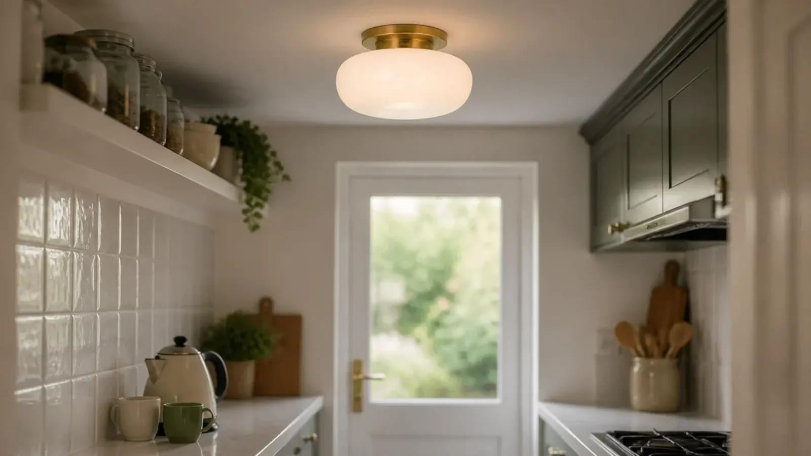 semi flush shade fitted under a low galley kitchen ceiling