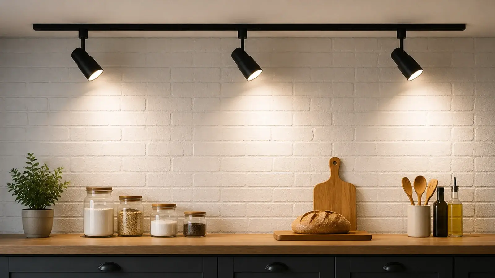 adjustable spots on a ceiling rail aimed at a kitchen counter