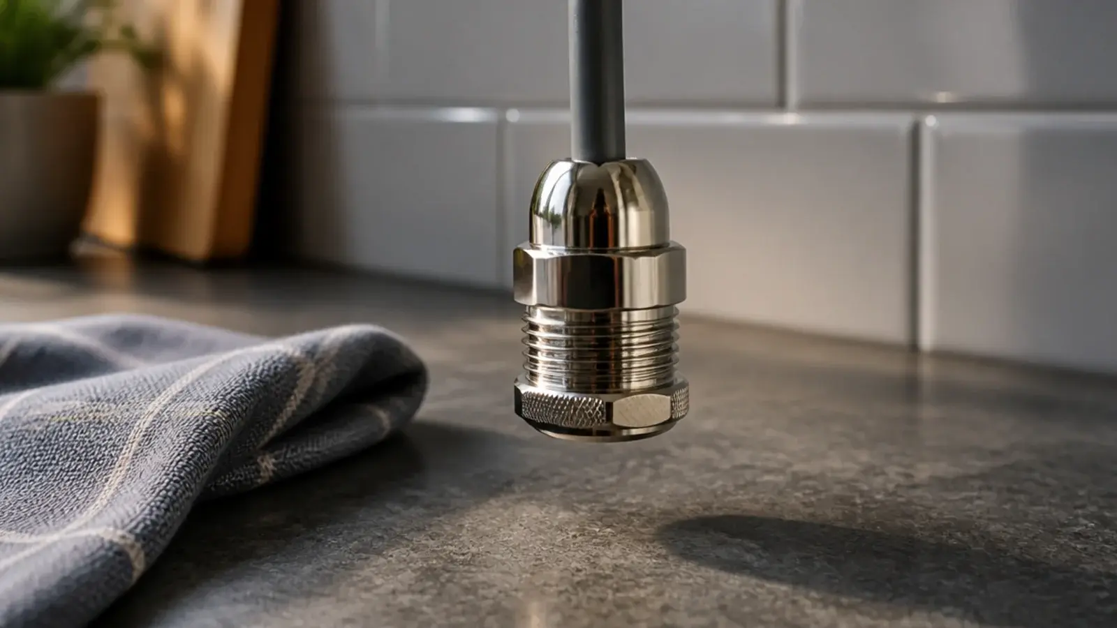 metal cord grip holding a pendant flex above a kitchen counter
