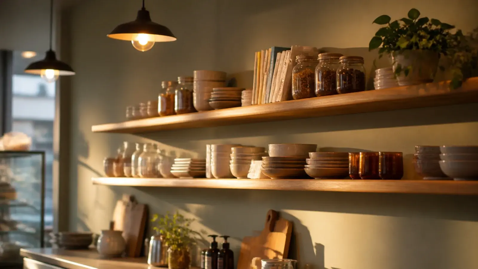 pendant lighting a run of open shelves holding ceramics