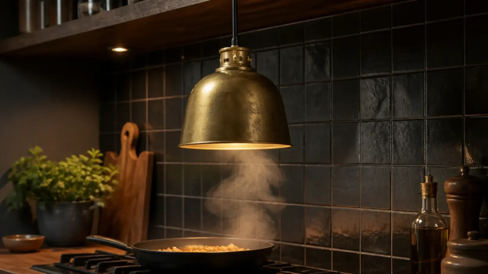 unlacquered brass shade darkening unevenly above a kitchen hob