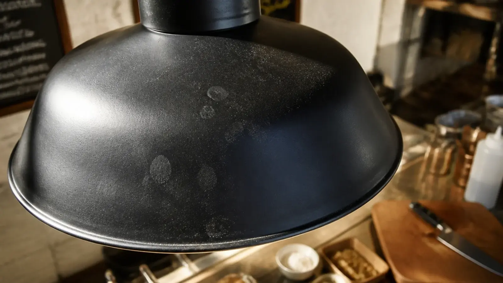 matte black shade showing marks near a busy kitchen counter