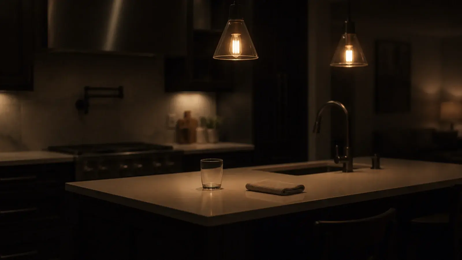 kitchen pendants dimmed low over an empty counter at night