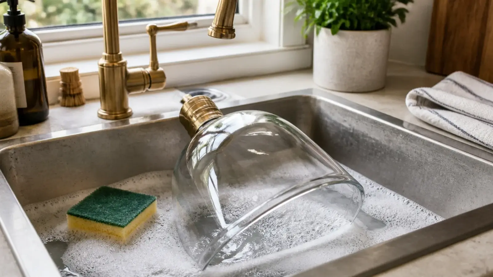 smooth glass shade lifted down for cleaning at a kitchen sink