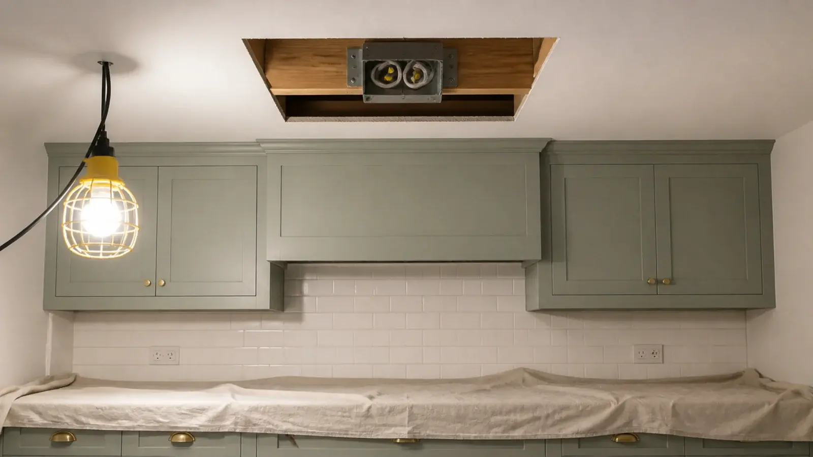 kitchen ceiling opened showing a mounting box fixed to timber
