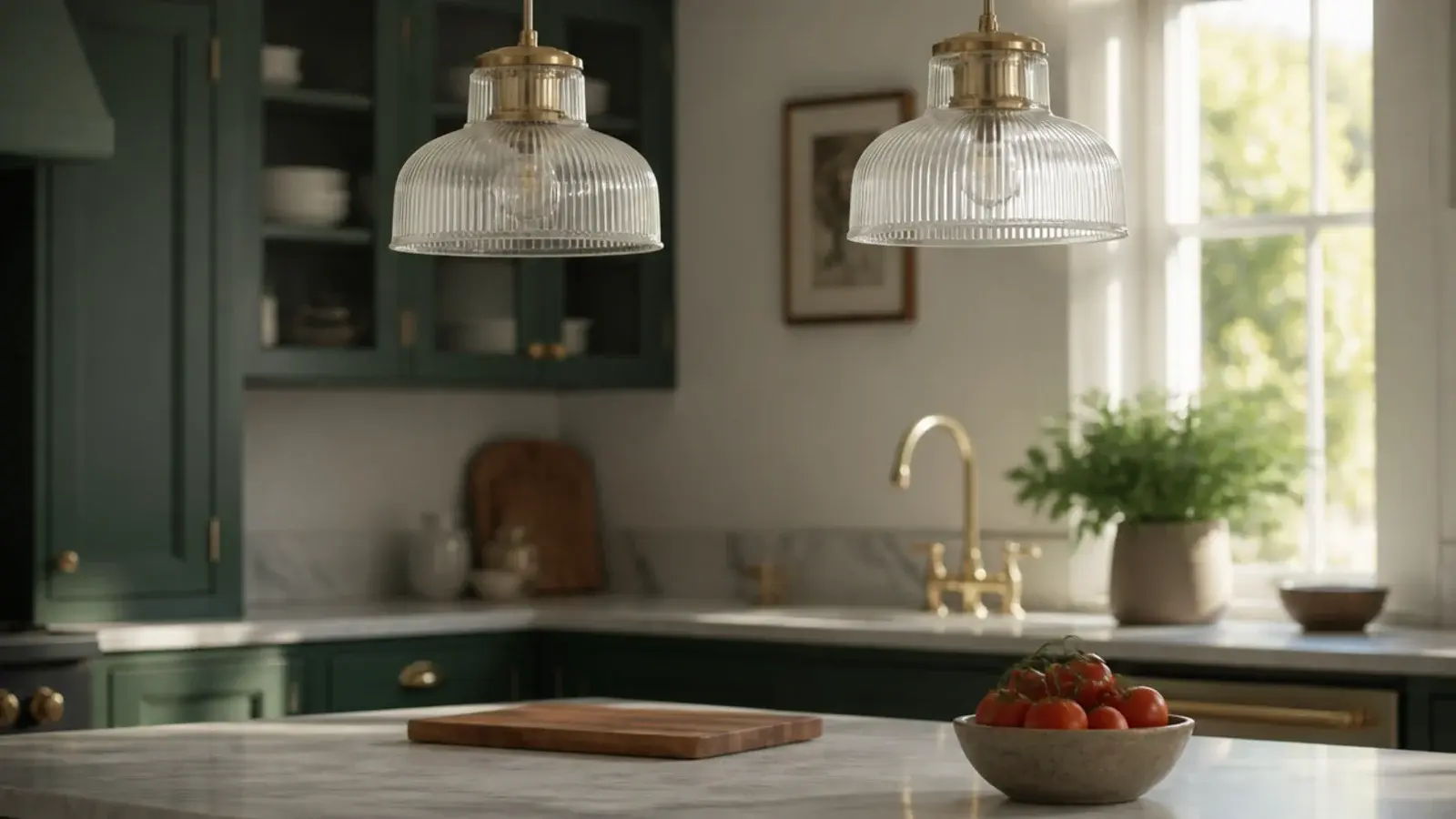 two glass kitchen hanging lights above a marble topped island counter