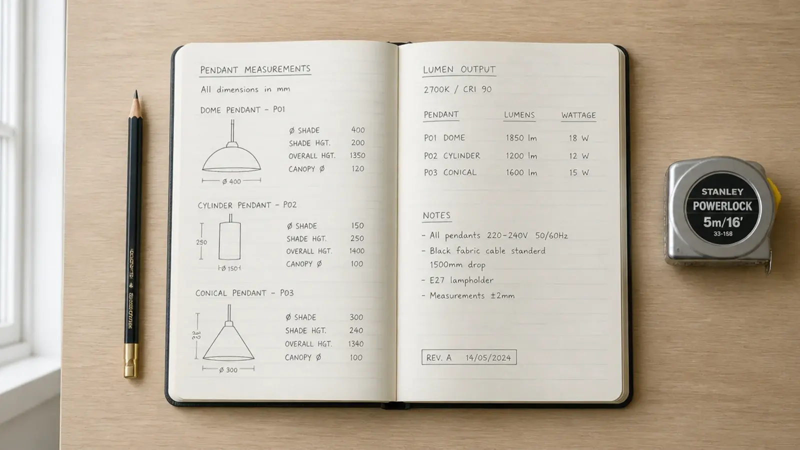 notebook page of pendant measurements beside a tape measure