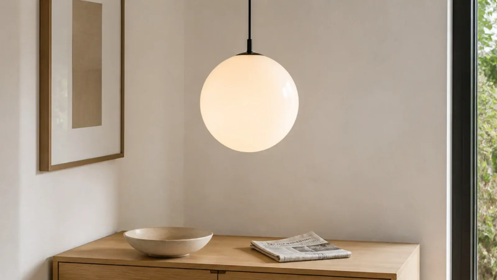 plain opal glass globe pendant glowing evenly in a bright room