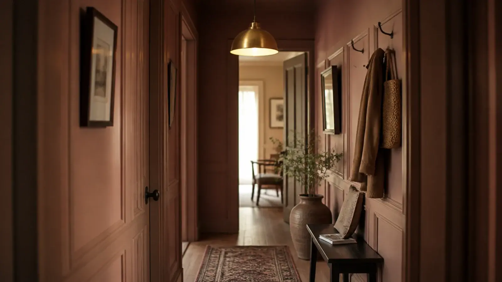 brushed brass dome pendant lighting a narrow panelled hallway