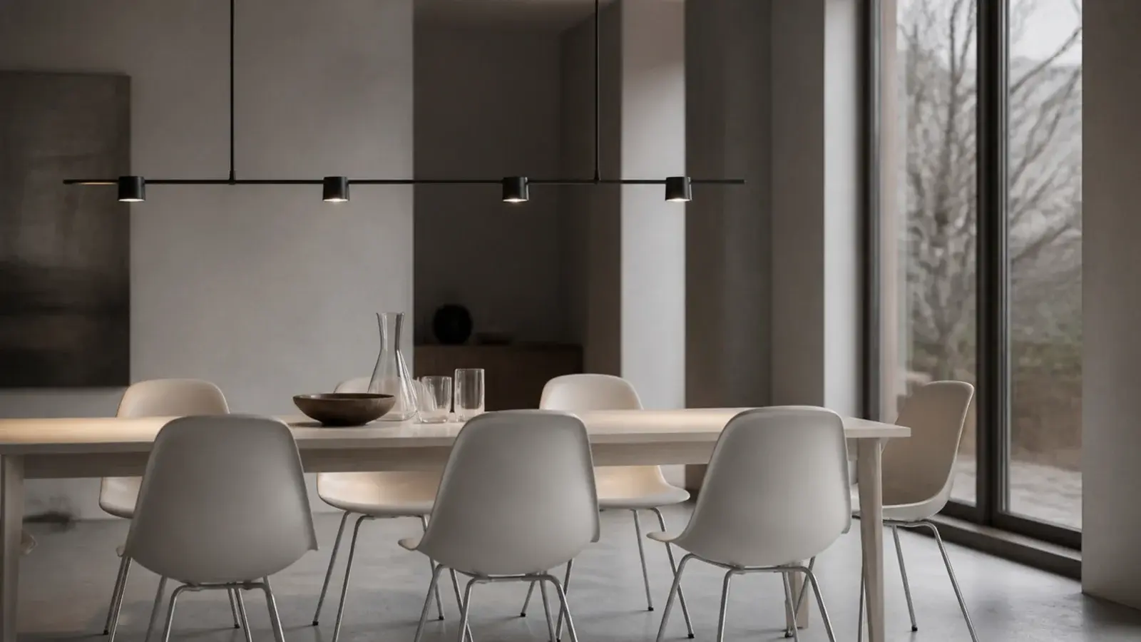 slim linear bar fixture running above a long modern dining table