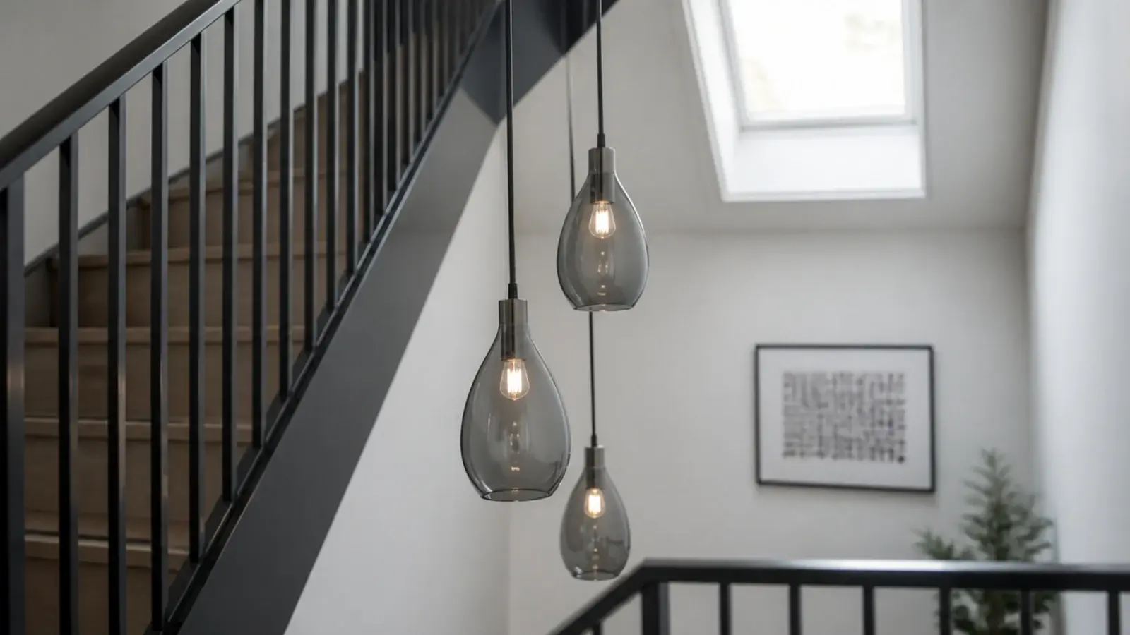 three smoked glass shades hanging at staggered heights on a stair