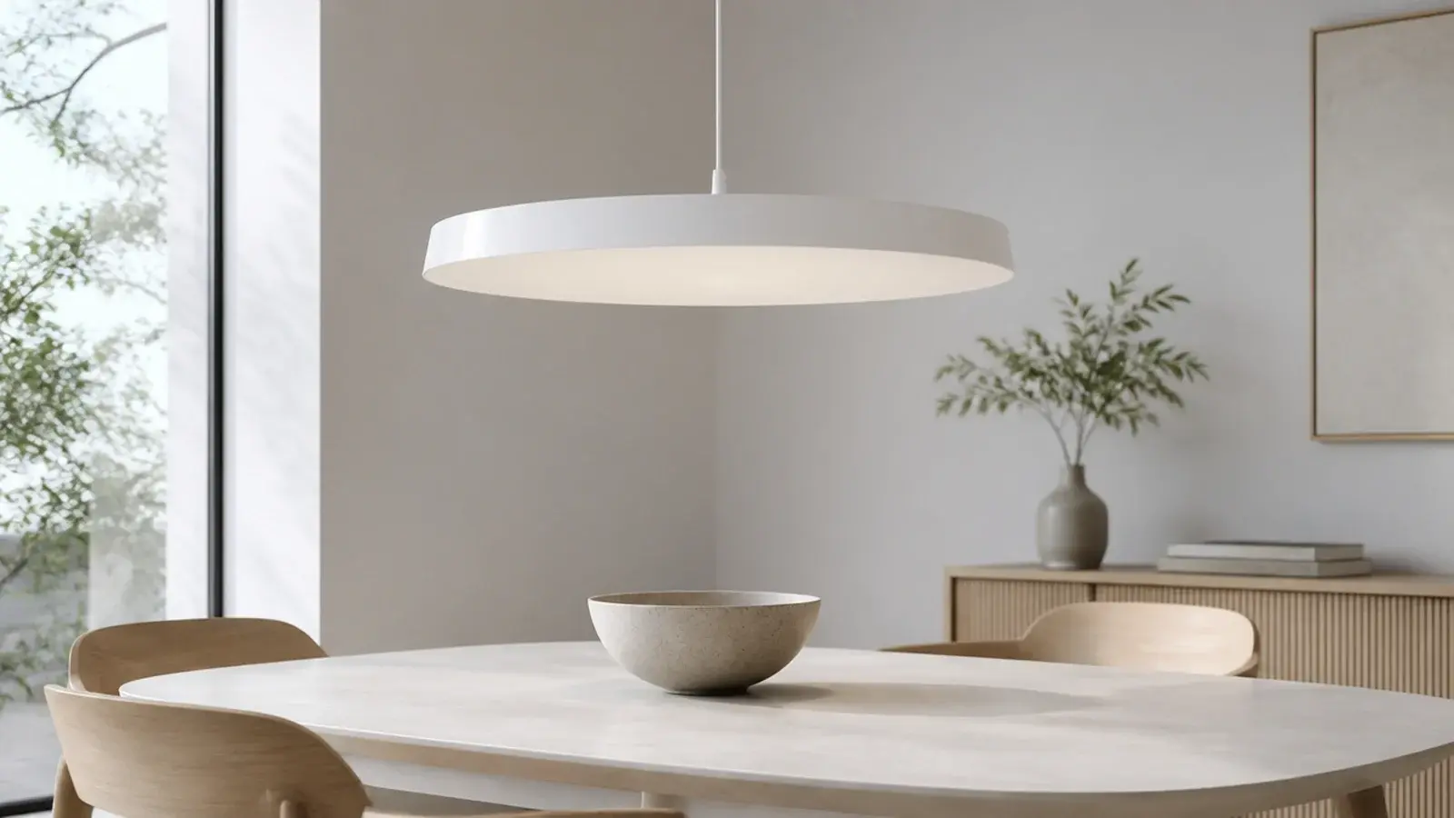 wide shallow powder coated dish pendant above a modern table