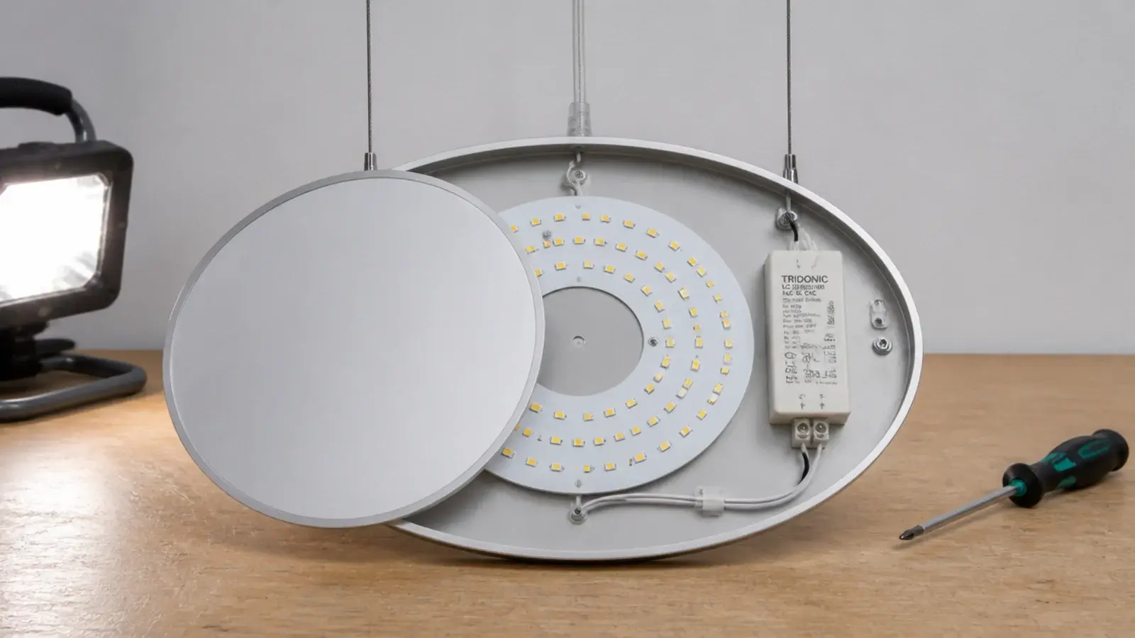 slim LED disc pendant with its module cover partly removed