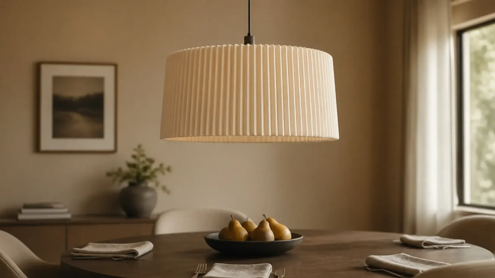 pleated fabric drum pendant with crisp even folds above a table