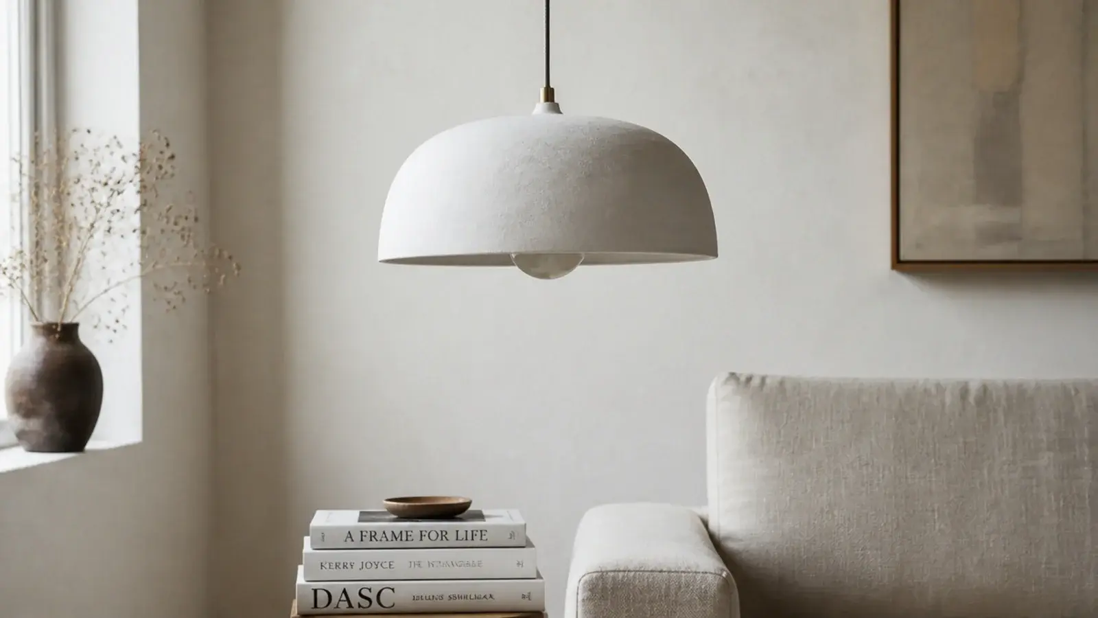 chalky plaster pendant with a soft sculptural profile overhead