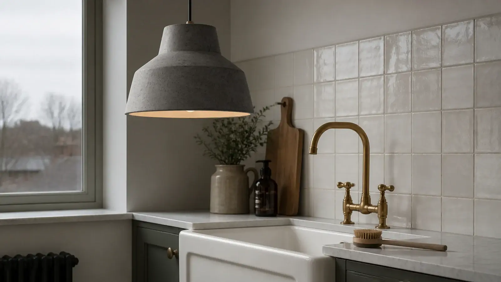 grey concrete pendant shade hanging low above a deep kitchen sink