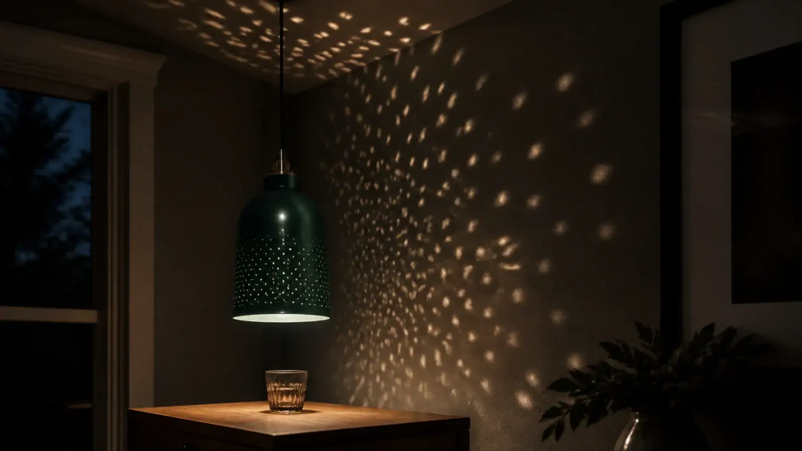 perforated metal pendant scattering small points of light around