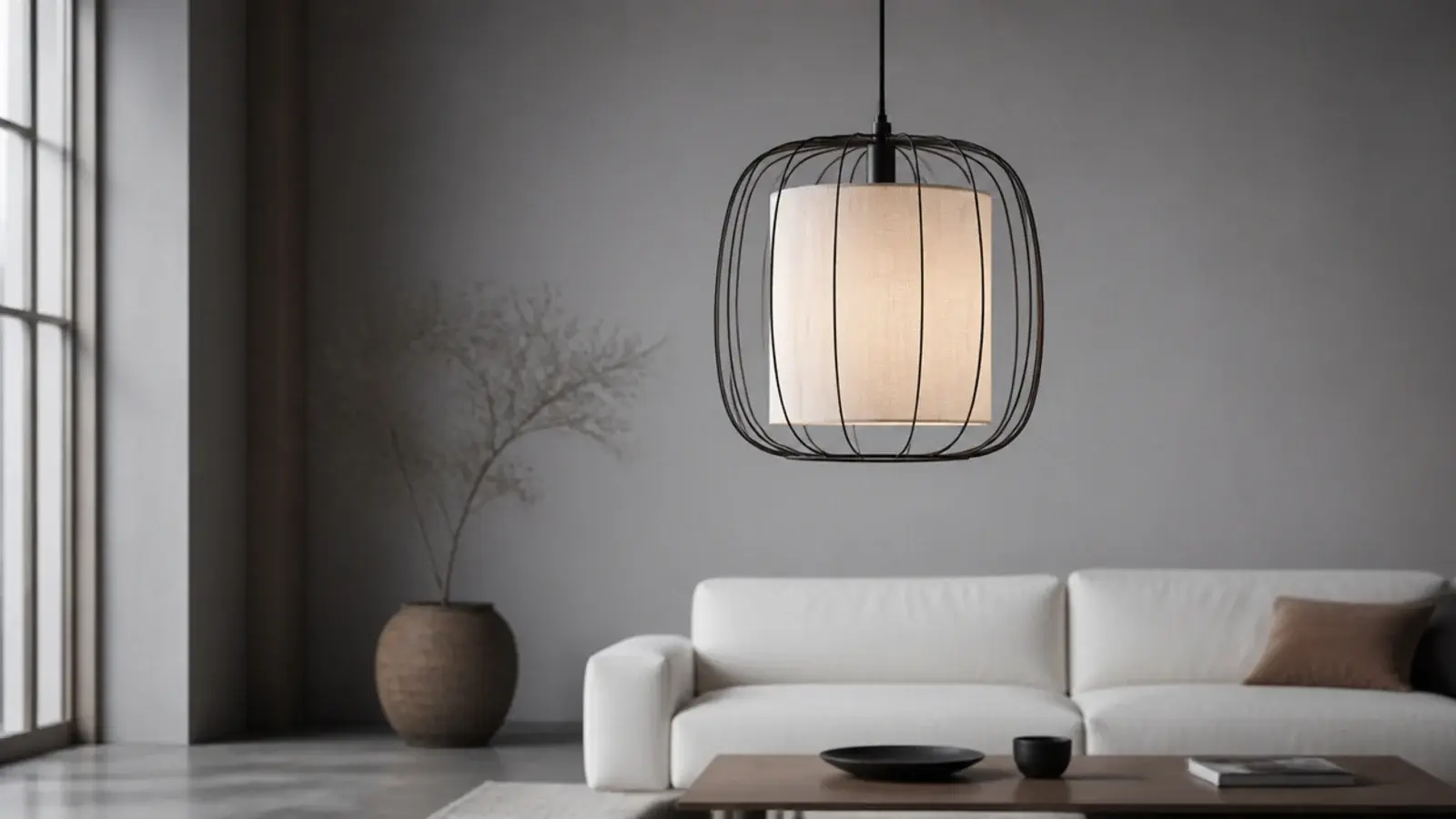 open wire frame pendant with a soft fabric diffuser inside it