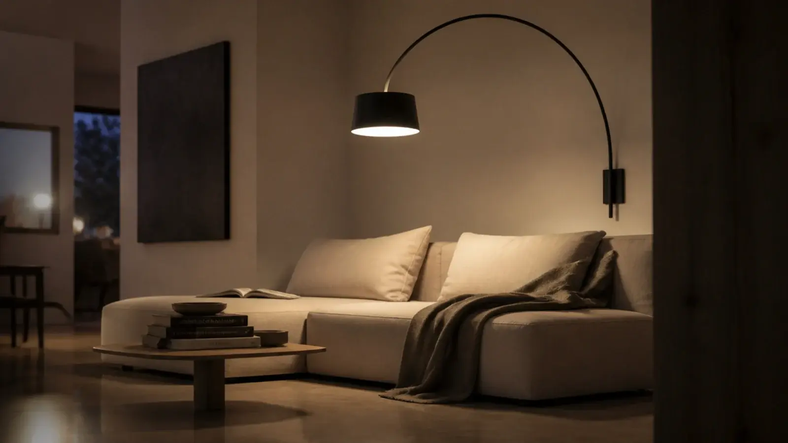 curved arc fixture reaching from the wall over a low sofa