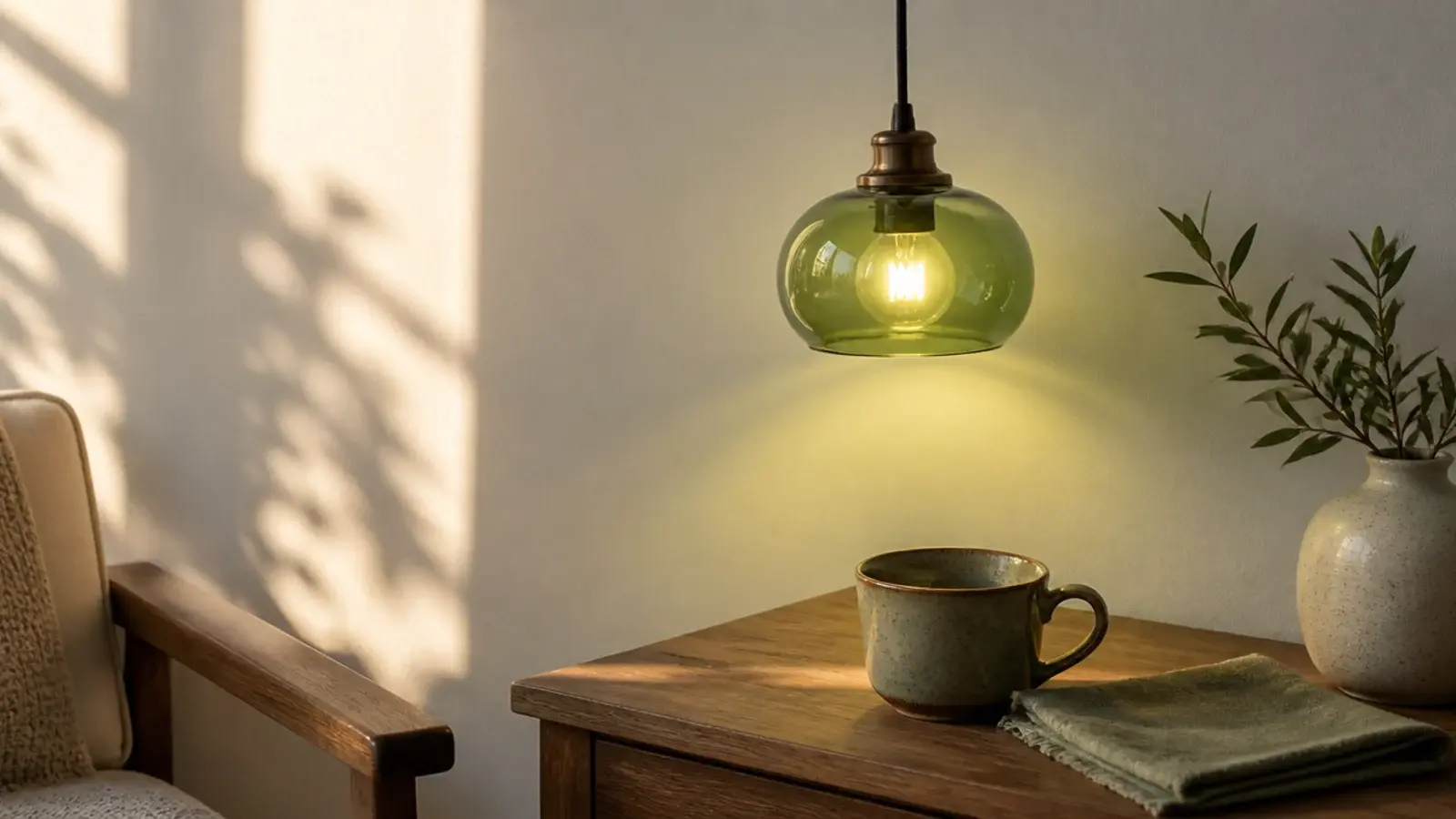 olive tinted glass pendant colouring the light beneath it