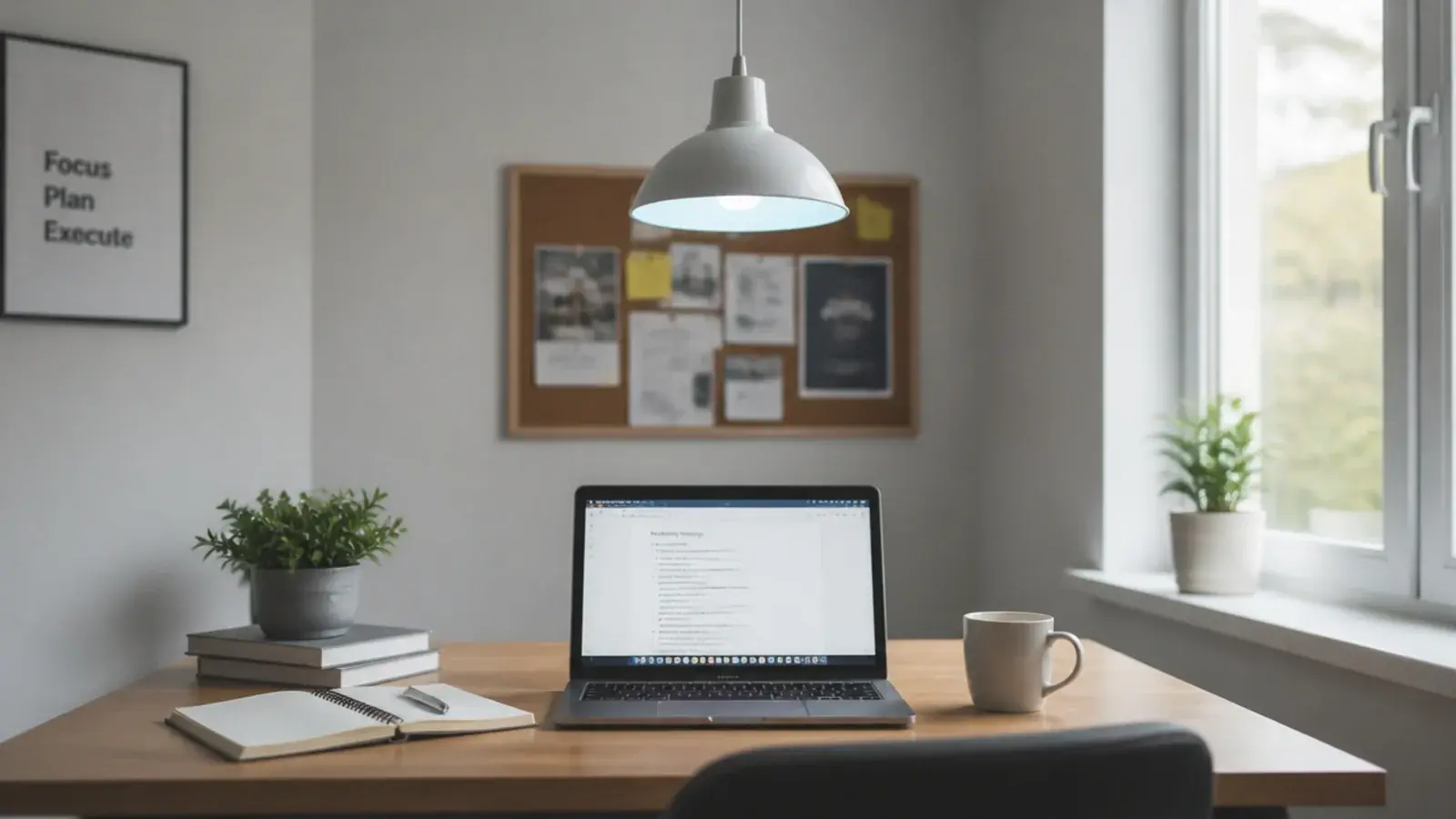 tuneable white pendant set cool above a working home desk