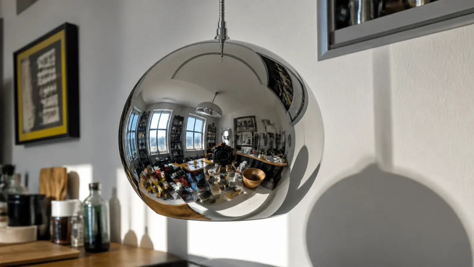polished chrome pendant reflecting the whole room in its surface