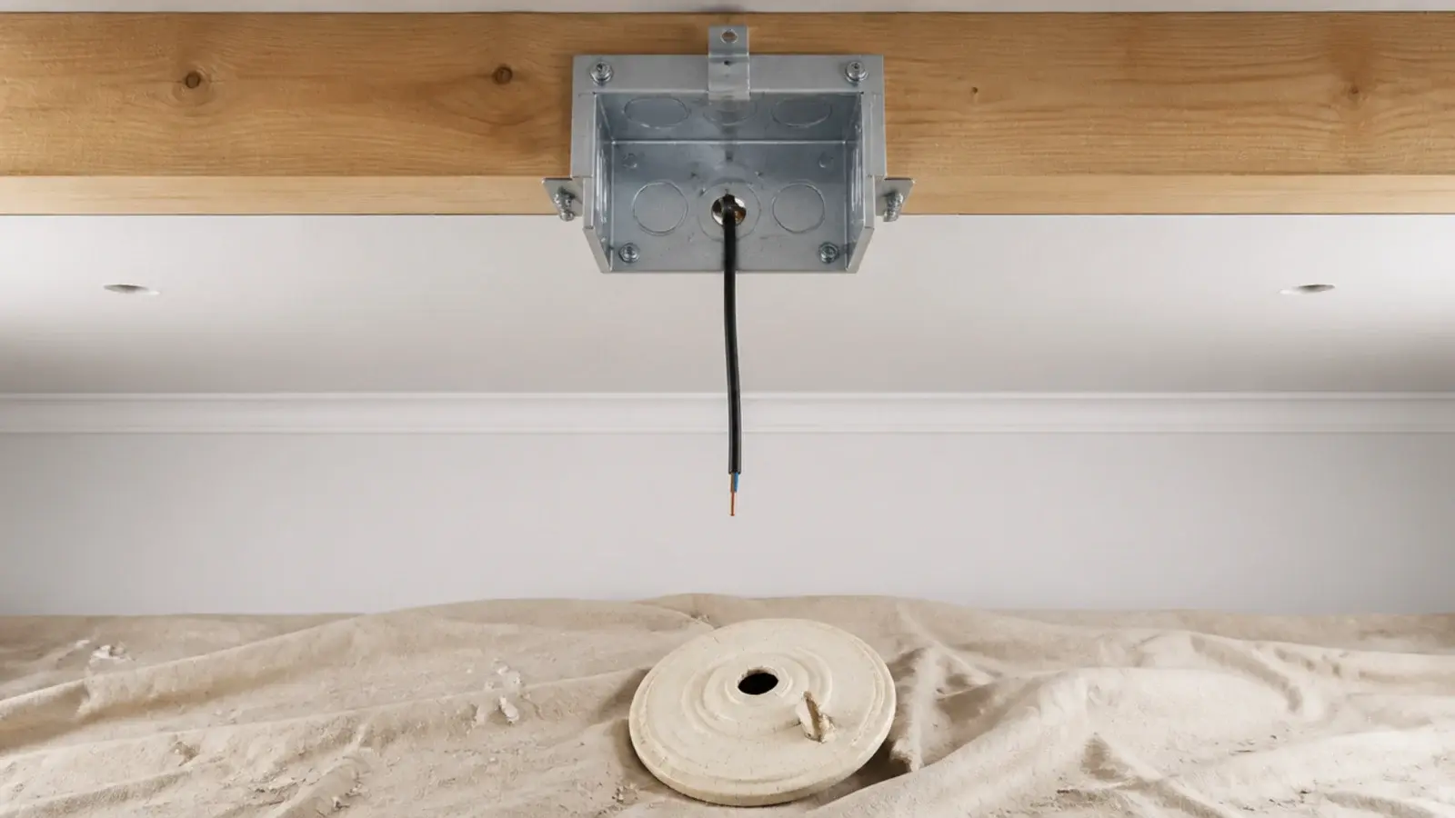 old mounting box replaced with a rated one above a modern fixture