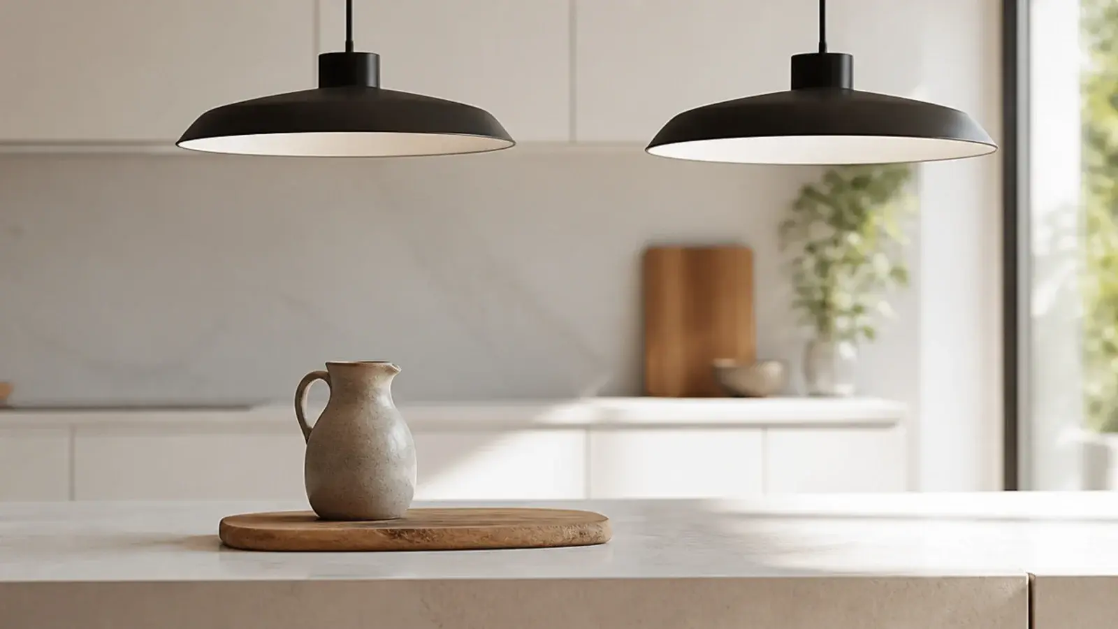 modern hanging lights in matte black above a pale stone kitchen counter
