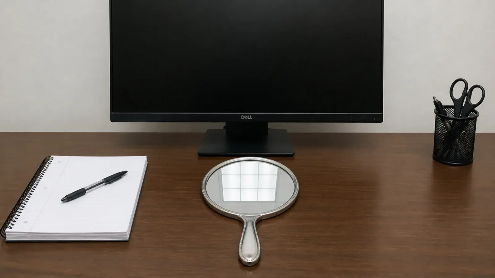 small mirror on a desk revealing a reflected ceiling fixture