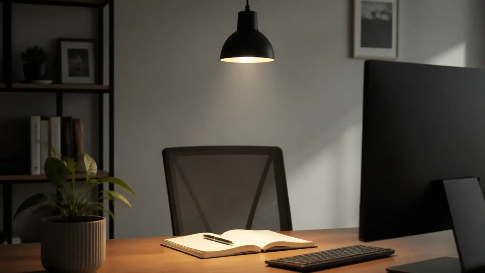 pendant hanging behind a desk chair lighting the work surface
