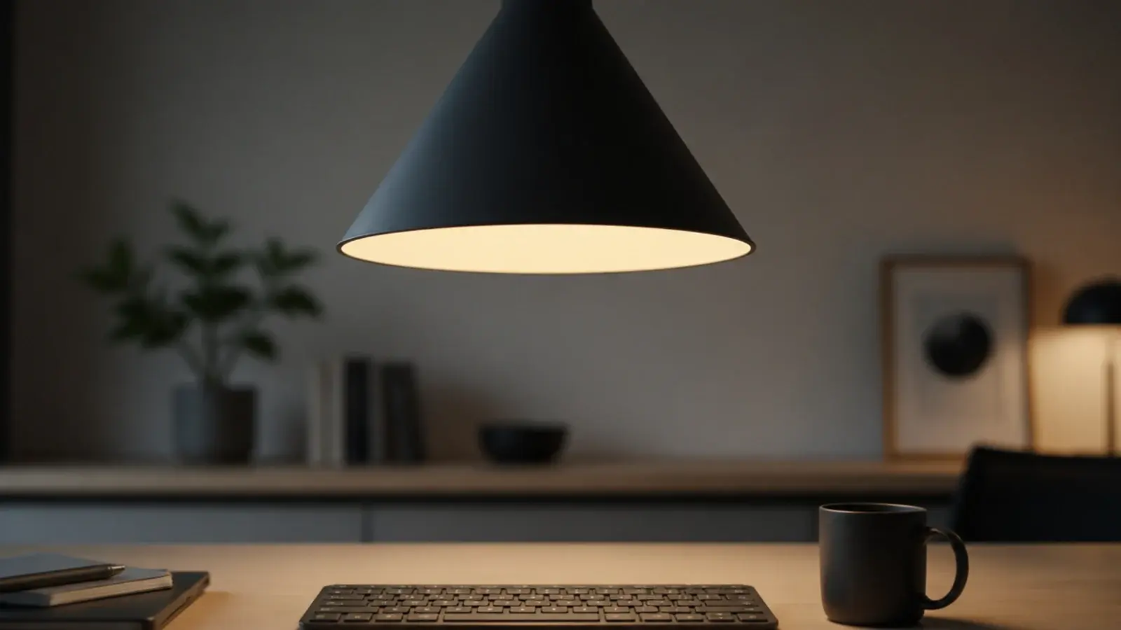 deep shade concealing its bulb from a seated desk position