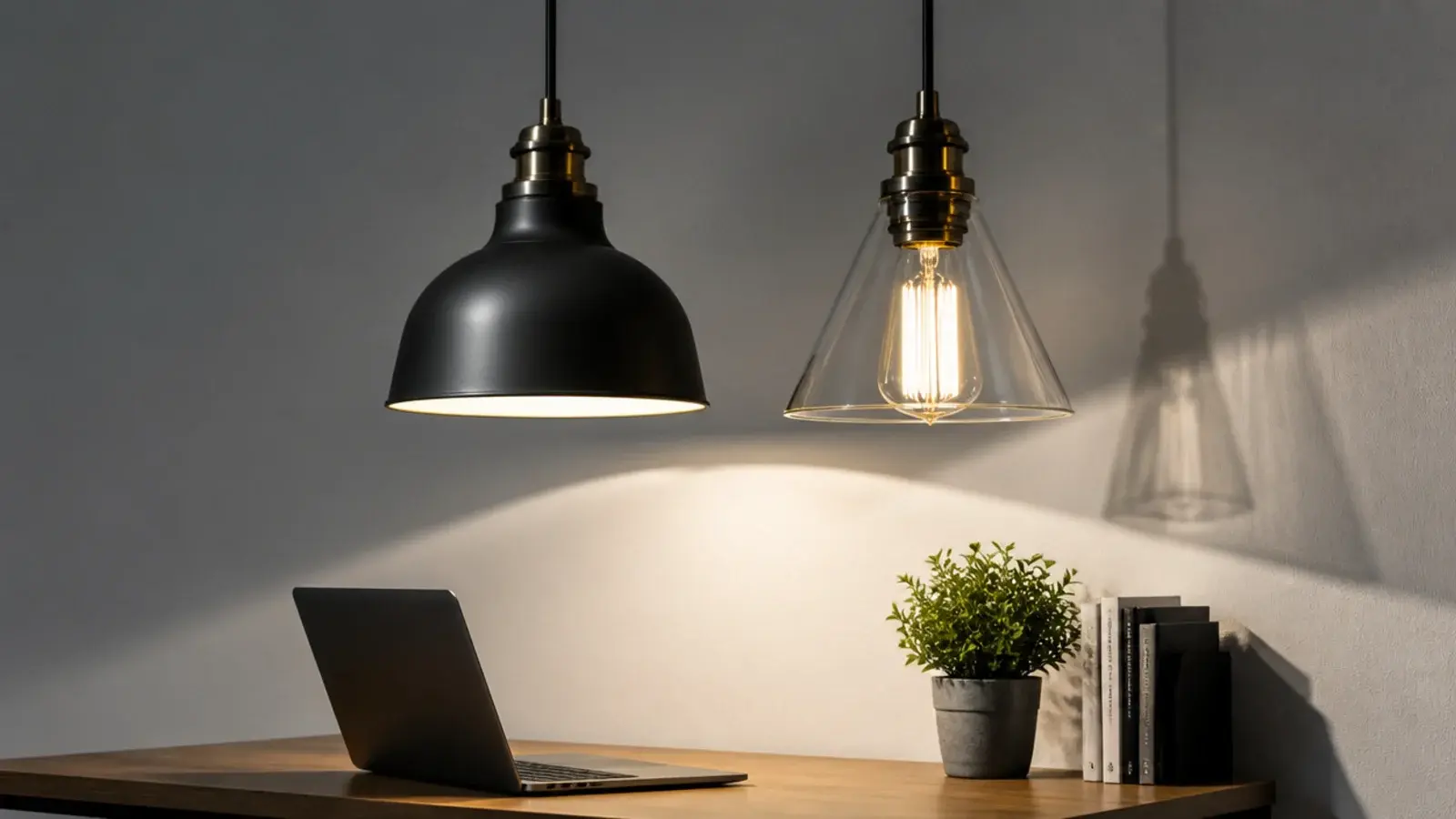 solid metal shade beside a clear glass one above a desk