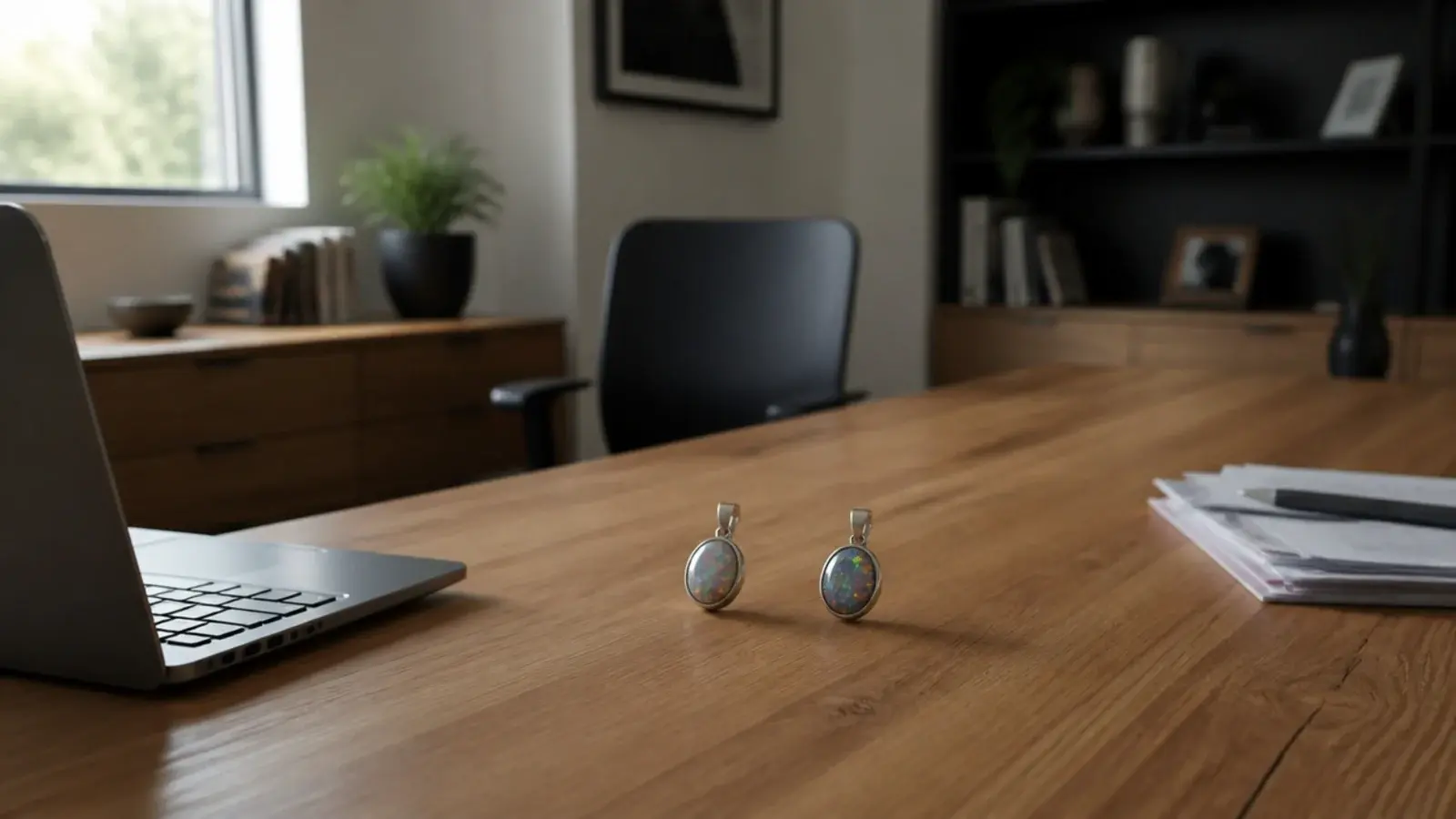two modest pendants sharing the length of a long desk