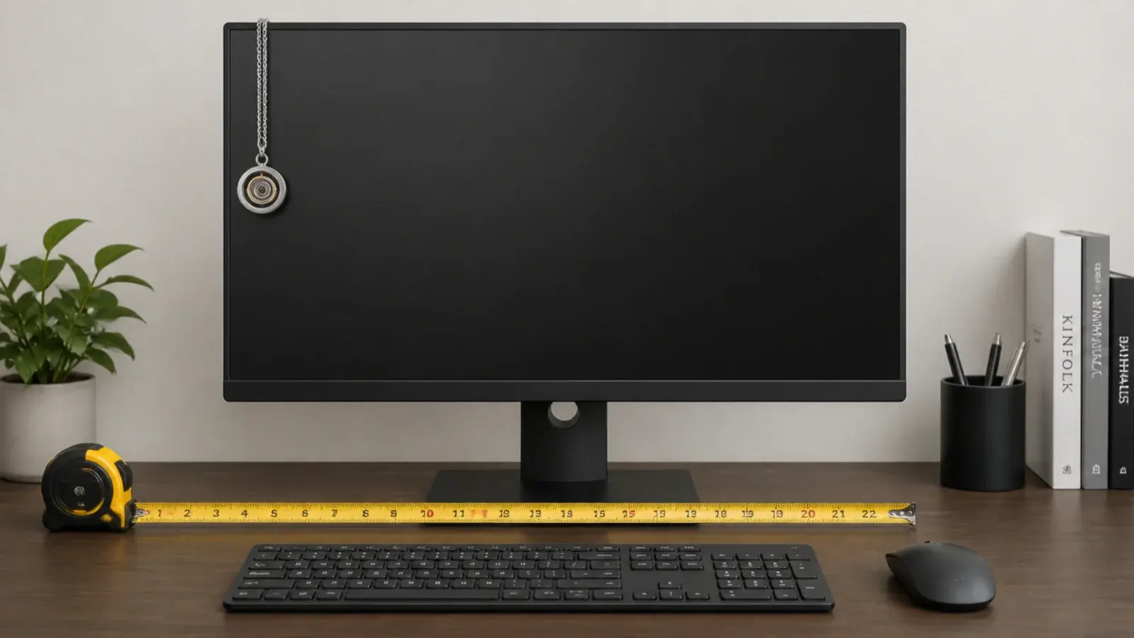 pendant offset to one side of a monitor on a desk