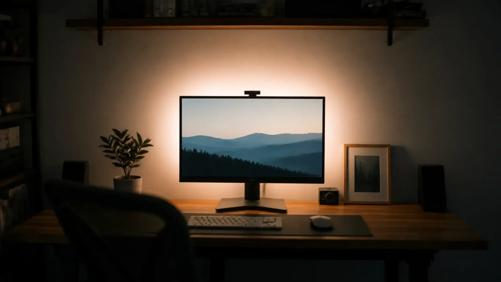 soft wash of light across the wall behind a computer monitor