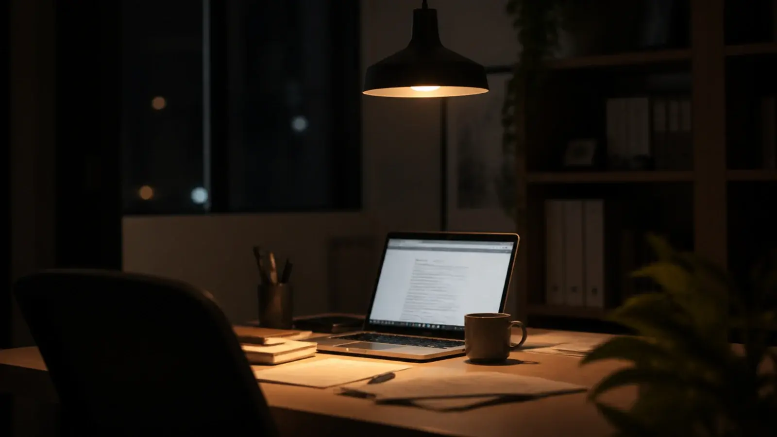 office pendant dimmed low during an evening working session