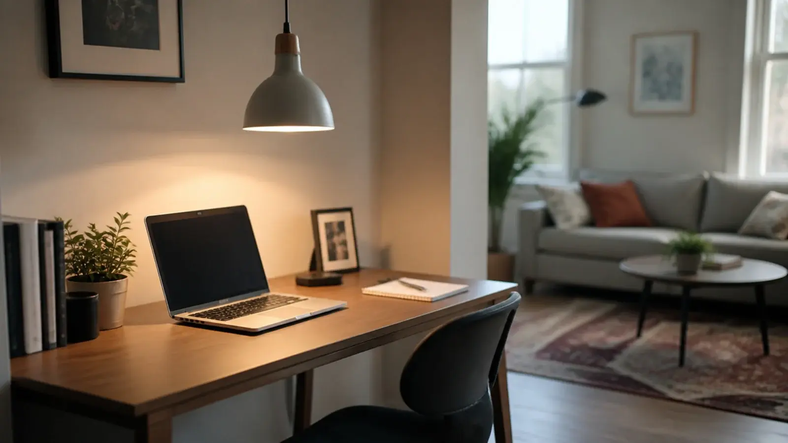 same fixture shown warm and cool above a dual use desk